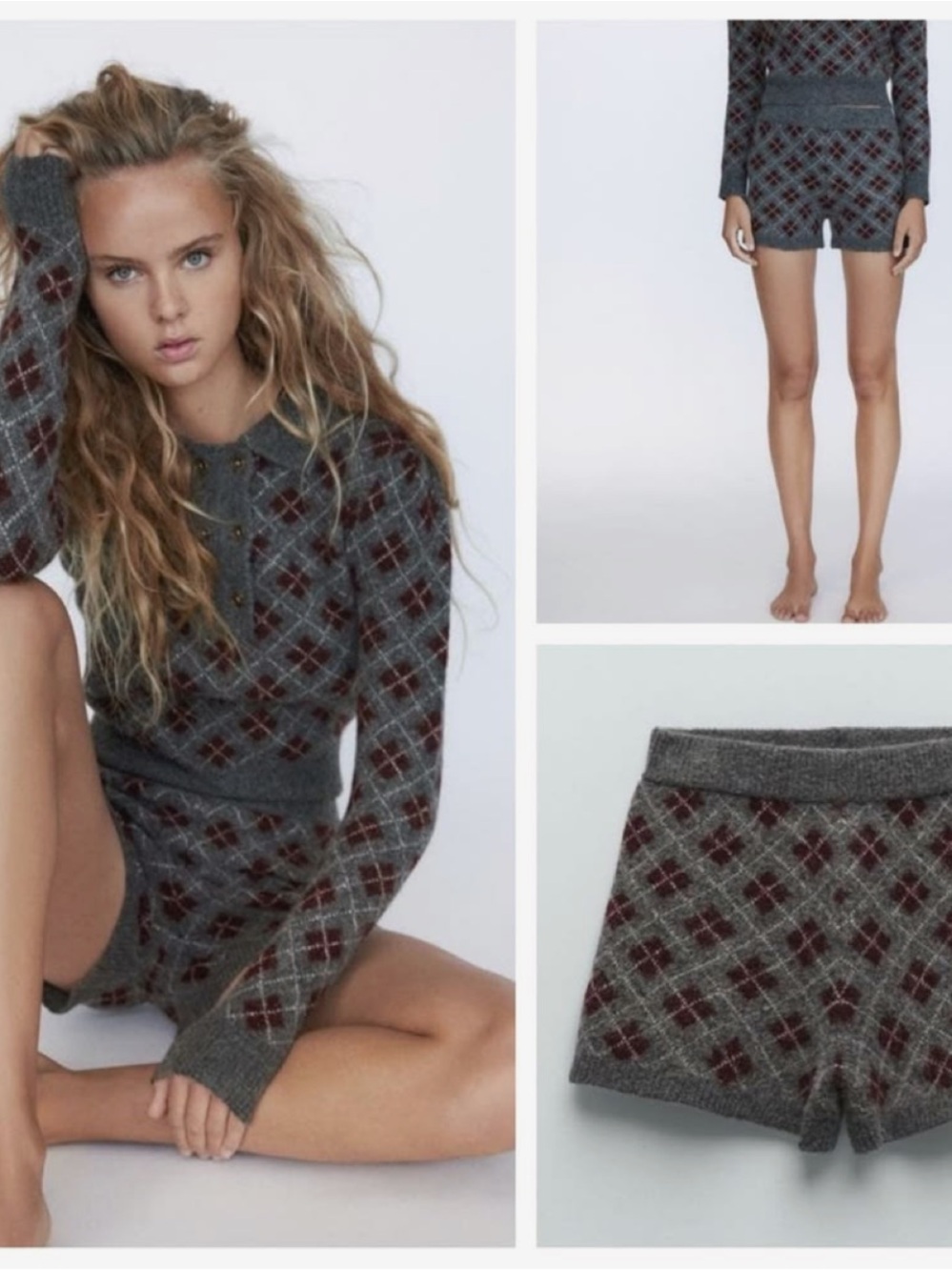 Zara Gray Knit Burgundy Argyle Diamond Detail Wool Blend Shorts - Picture 1 of 6